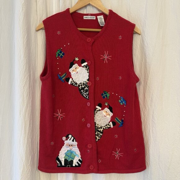 Ugly Holiday Sweater Vest Women L Animal Print Santa Y2K 90s Cheetah Zebra Red - Picture 1 of 9
